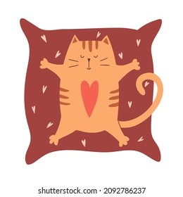 A cute cartoon cat with a heart on his stomach lies on a pillow with his paws spread out. A simple adorable character for Valentine's day greeting cards. Vector childish illustration isolated on white