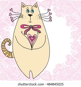 Cute cartoon cat with heart. Valentines day card. Vector illustration.