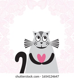 Cute cartoon cat with heart. Vector illustration