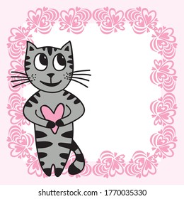 Cute cartoon cat with heart. Vector illustration