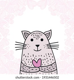 Cute cartoon cat with heart. Vector illustration