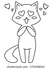 Cute cartoon cat with hearts in eyes. Hand drawn Vector illustration. Coloring page. Emotions. Stickers.