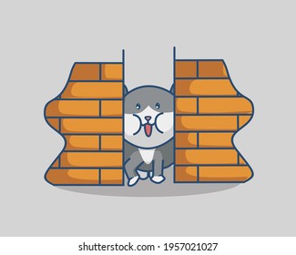 Cute Cartoon Cat Hide. Animal Cartoon Flat Style Icon  Premium Vector