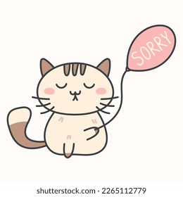 Cute cartoon cat holding a balloon with inscription sorry. Vector isolated flat illustration.