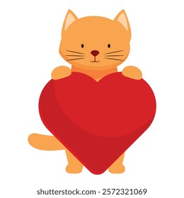 Cute cartoon cat is holding a big red heart, perfect for valentine's day or any love themed project