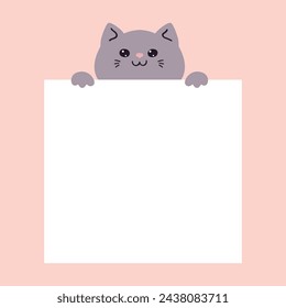 Lindo gato de dibujos animados sosteniendo una hoja de papel en blanco. Espacio vacío para el texto. Ilustración de vector