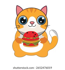 Gato de Desenho Animado Bonito Segurando um hambúrguer Adorável gato de estilo cartoon segurando um hambúrguer suculento com ambas as patas, expressando puro prazer e fome. O gato tem olhos grandes e brilhantes, um sorriso feliz e pele macia, 