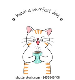 Cute cartoon cat holding a cup of coffee. Hand drawn illustration