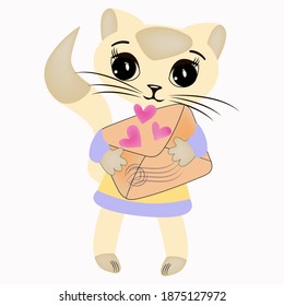 Un lindo gato de dibujos animados sostiene un sobre con los corazones y una foca en las patas. Ilustración festiva. Vector.