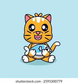 Cute Cartoon Cat Holding Fish Vector Icon Illustration. Animal Food Icon Concept Isolated Premium Vector. Animals Flat Cartoon Style