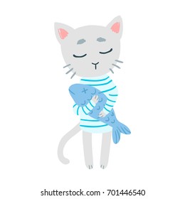 Cute cartoon cat holding a fish vector illustration