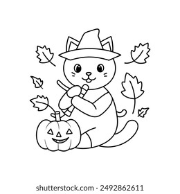 Cute cartoon cat holding a fruit in one hand wearing a hat in a carved pumpkin vector illustration