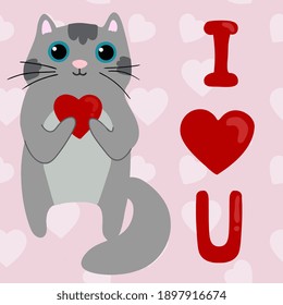 Cute cartoon cat holding heart. Happy Valentine's day greeting card. Vector illustration.