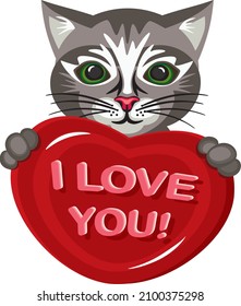 Cute cartoon cat holding a heart with the inscription I love you, Valentine's day card, sticker, romantic concept.