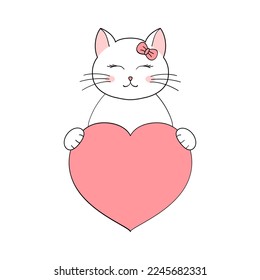 Cute cartoon cat holding a heart in his paws. Valentine's Day greeting card with space for text. Design for invitation, card, flyer, brochure, banner. Little pets in love. A declaration of love