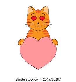 Cute cartoon cat holding a heart in his paws. Valentine's Day greeting card with space for text. Design for invitation, card, flyer, brochure, banner. Little pets in love. A declaration of love