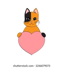 Cute cartoon cat holding a heart in his paws. Valentine's Day greeting card with space for text. Design for invitation, card, flyer, brochure, banner. Little pets in love. A declaration of love