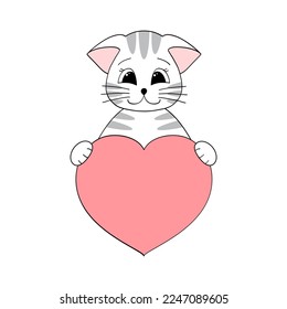 Cute cartoon cat holding a heart in his paws. Valentine's Day greeting card with space for text. Design for invitation, card, flyer, brochure, banner. Little pets in love. A declaration of love