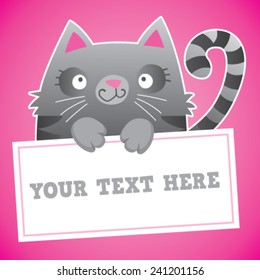 Cute cartoon cat holding a paper sign with space to add your own text. Vector Illustration.