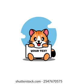 Cute cartoon cat holding a sign against a blue sky background with clouds