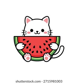 Gato lindo de la historieta que sostiene una rebanada de sandía
