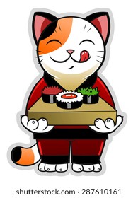 Cute cartoon cat holding sushi.