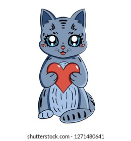Cute cartoon cat holds a heart.