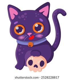 A cute cartoon cat holds a skull in its paws, on a white background. Vector illustration for Halloween