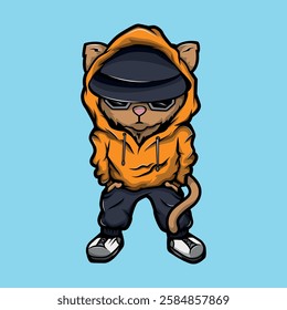 Cute cartoon cat in a hood. Street style character vector illustration. Hip-hop, gangster, mafia cat. Drawing for print, poster, book, banner, sticker