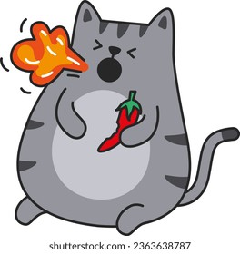 Un gato de dibujos animados con pimienta picante. Ilustración vectorial aislada en fondo blanco.