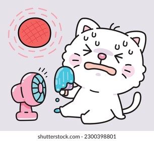 Cute Cartoon Cat in hot weather, flat design vector illustration.