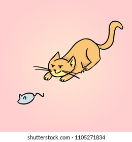 Cute cartoon cat hunting a toy mouse comic style children illustration. Vector art image of a playing pet