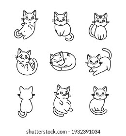 Cute Cartoon Cat Icons Set on White Background. Vector
