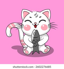 cute cartoon cat illustration eating fish