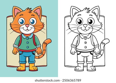 Cute Cartoon Cat Illustration with Outline Version