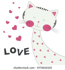 Cute cartoon cat, illustration with text Love. Vector flat modern design, children print on t-shirt, greeting card, cover, poster.