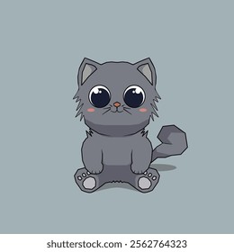 Cute cartoon cat image in gray color and vector format can be used as a sticker and icon