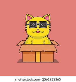 cute cartoon cat image, yellow cat vector, cat vector with a box