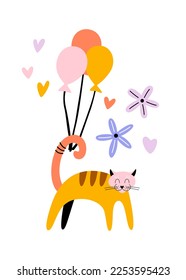 Cute gato de dibujos animados con bolas inflables y flores. Tarjeta infantil con animales.