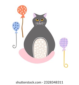 Cute cartoon cat with inflatable balls and flowers. Childish card with animals.