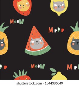 Cute cartoon cat inl costume of fruit. Comic kawaii cat and strawberries, watermelon, lemon, pineapple vector seamless pattern