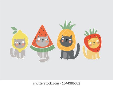 Cute cartoon cat inl costume of fruit. Comic kawaii cat and strawberries, watermelon, lemon, pineapple vector print