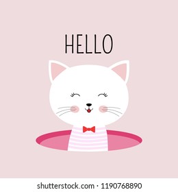 Cute cartoon cat and inscription hello. Greeting card with charming kitty on pink background. Vector