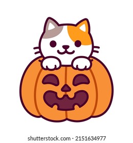 Cute cartoon cat inside Halloween pumpkin with carved spooky face. Adorable kitten drawing, funny vector illustration.