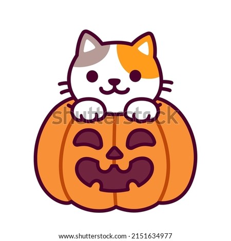 Cute cartoon cat inside Halloween pumpkin with carved spooky face. Adorable kitten drawing, funny vector illustration.