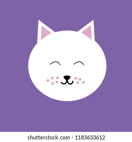 A cute cartoon cat isolated on a purple background. Vector icon of smiley kitten head. Vector illustration. 