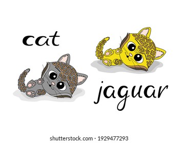 Cute gato de dibujos animados y jaguar. Diseño de ilustraciones vectoriales para telas de moda, gráficos textiles, impresiones.