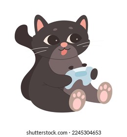 Cute cartoon cat with joystick flat icon Gadget. Vector illustration
