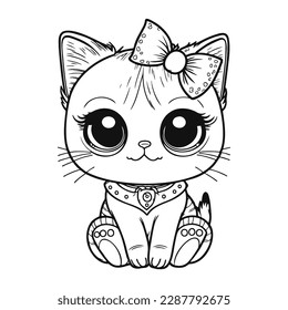 Cute cartoon cat or kitten with a bow on his head. Baby pet in line drawing. Vector illustration isolated on background. For printable children's and adults coloring page or book, kids activity.