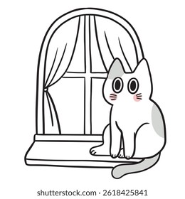 Cute cartoon cat and kitten digital line drawing element.